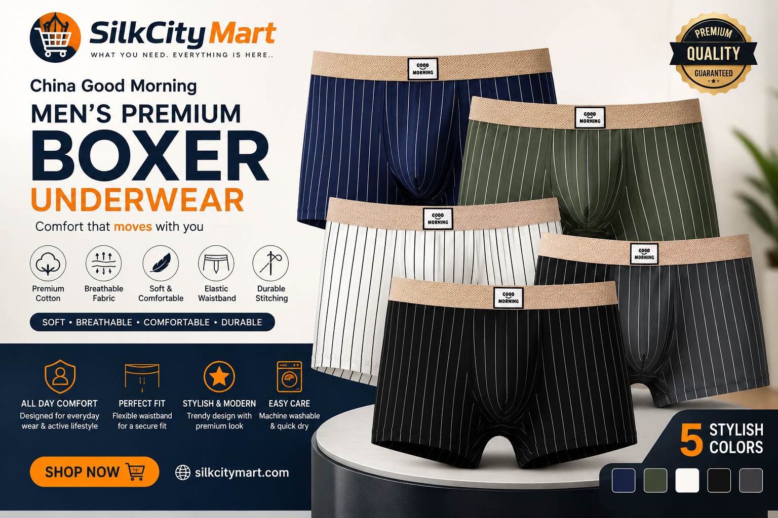 China Good Morning Men's Premium Cotton Boxer Underwear – Soft, Breathable & Comfortable Men's Boxer Shorts